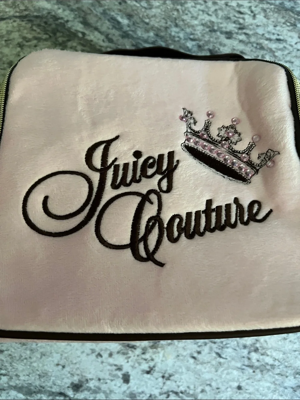 Juicy Couture Pink Velour Embroidered Cosmetic Bag with Travel Bottle NWT